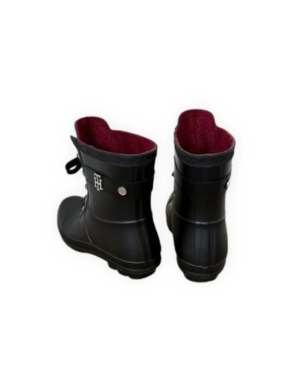 Tommy Hilfiger Black Lace-Up Rain Boot Burgundy Lining Size 10M Waterproof